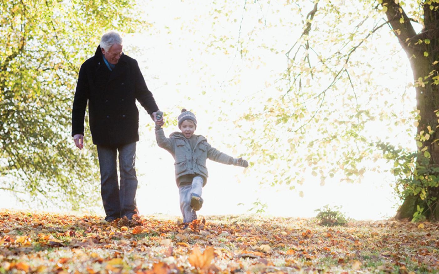 grandparent and grandchild holding hands and walking through a park together